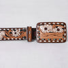 ADBLF287 Hand-Tooled Leather Western Belt - White Floral with Turquoise Studs