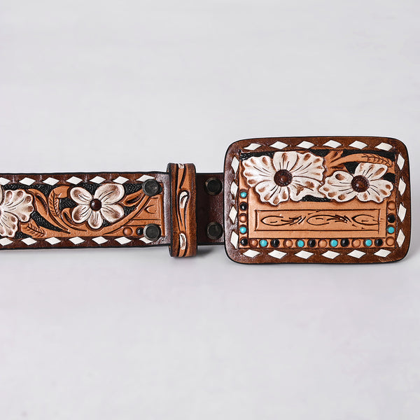 ADBLF287 Hand-Tooled Leather Western Belt - White Floral with Turquoise Studs