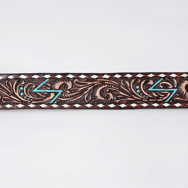 ADBLF288 Tooled Western Leather Belt - Turquoise Lightning Bolt & Floral Scroll Design
