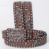 ADBLF288 Tooled Western Leather Belt - Turquoise Lightning Bolt & Floral Scroll Design