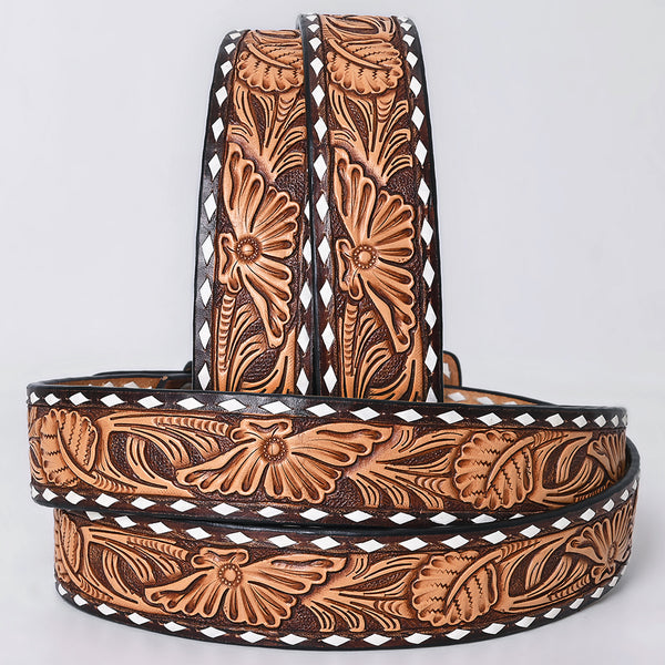 ADBLF291 Tooled Western Leather Belt - Bold Tan Floral on Chocolate Brown