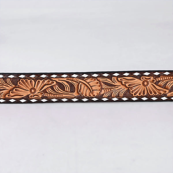 ADBLF291 Tooled Western Leather Belt - Bold Tan Floral on Chocolate Brown