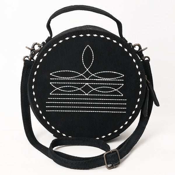 ADBG1549D American Darling Black Genuine Suede Western Canteen Bag with Stitch Detailing | Handcrafted Round Purse