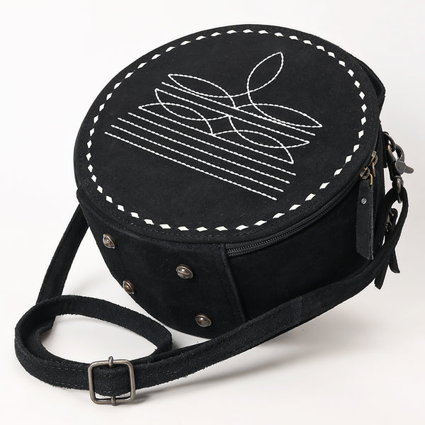 ADBG1549D American Darling Black Genuine Suede Western Canteen Bag with Stitch Detailing | Handcrafted Round Purse
