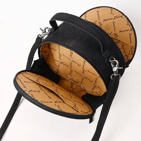 ADBG1549D American Darling Black Genuine Suede Western Canteen Bag with Stitch Detailing | Handcrafted Round Purse