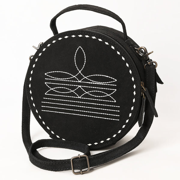 ADBG1549D American Darling Black Genuine Suede Western Canteen Bag with Stitch Detailing | Handcrafted Round Purse