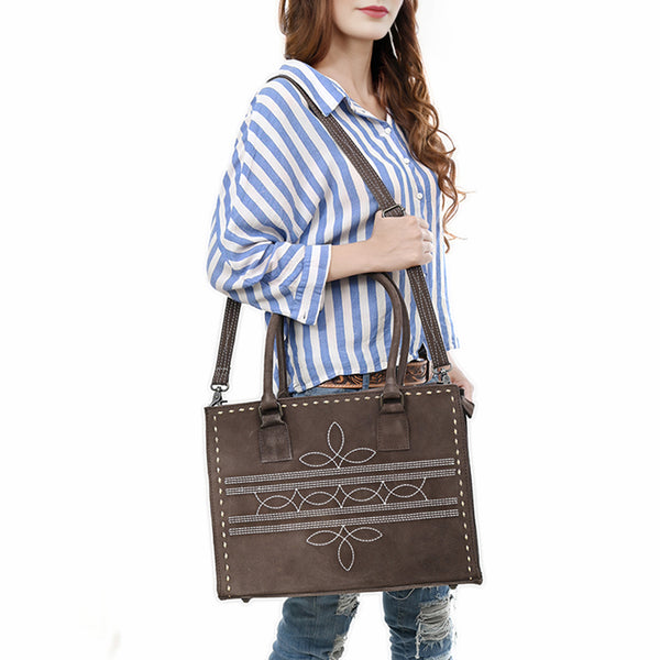 ADBG1553 American Darling Western Genuine Suede Leather Tote Bag with Buck Stitching | Handcrafted Everyday Tote