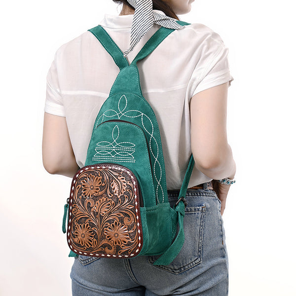 ADBG1573 American Darling Genuine Suede Leather Sling Bag with Hand Tooled Floral Front & Buck Stitch Details