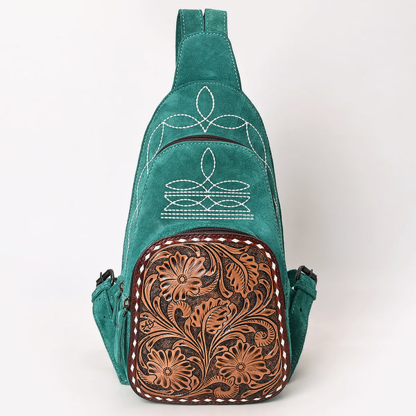 ADBG1573 American Darling Genuine Suede Leather Sling Bag with Hand Tooled Floral Front & Buck Stitch Details