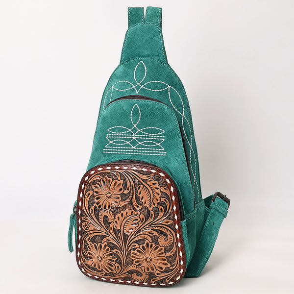 ADBG1573 American Darling Genuine Suede Leather Sling Bag with Hand Tooled Floral Front & Buck Stitch Details