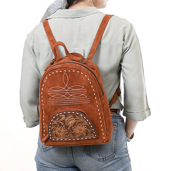 ADBG1574 American Darling Genuine Suede Leather Backpack Bag with Hand Tooled Floral Front & Buck Stitch Accents