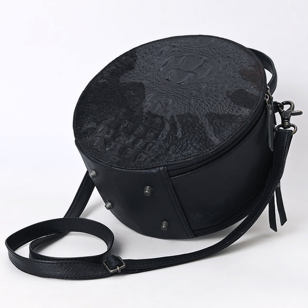 ADBG1563D American Darling Western Genuine Leather Canteen Bag | Black Crocodile Embossed Round Crossbody