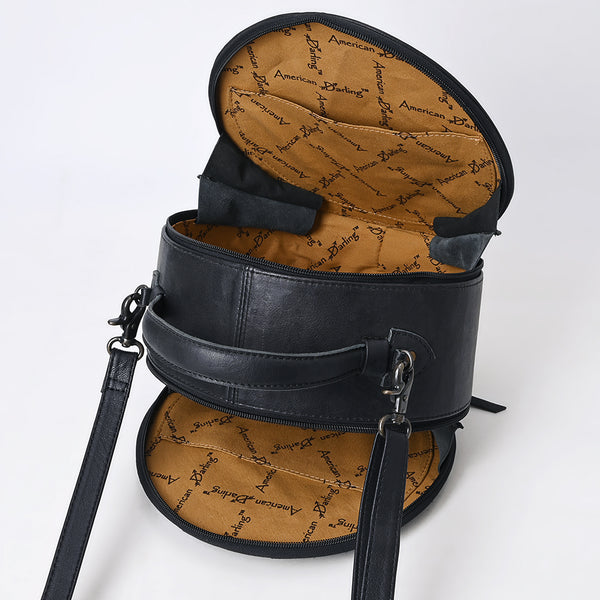 ADBG1563D American Darling Western Genuine Leather Canteen Bag | Black Crocodile Embossed Round Crossbody