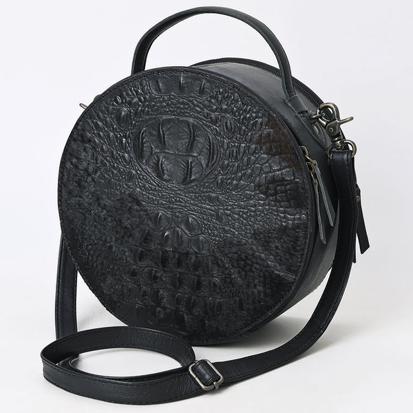 ADBG1563D American Darling Western Genuine Leather Canteen Bag | Black Crocodile Embossed Round Crossbody