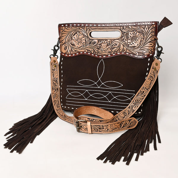 ADBG1584 American Darling Hand-Tooled Western Leather Cross Body Bag with Fringe & Carved Detailing