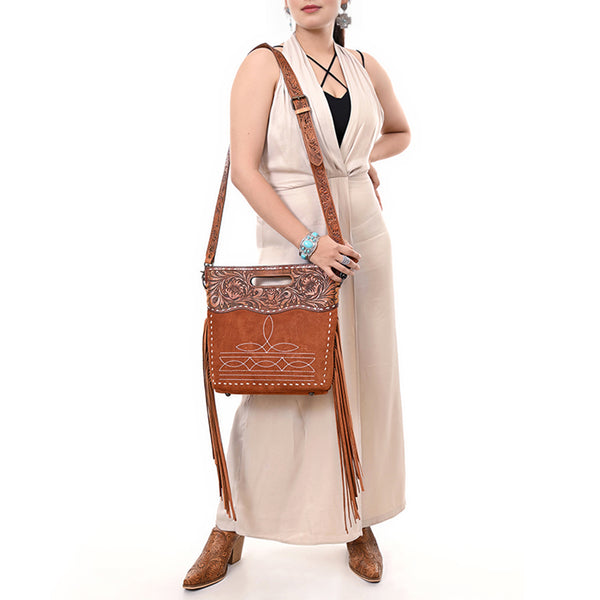 ADBG1584 American Darling Hand-Tooled Western Leather Cross Body Bag with Fringe & Carved Detailing
