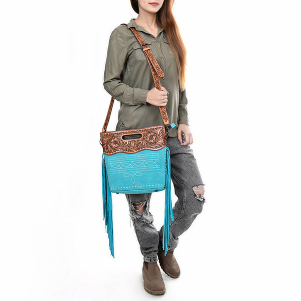 ADBG1584 American Darling Hand-Tooled Western Leather Cross Body Bag with Fringe & Carved Detailing