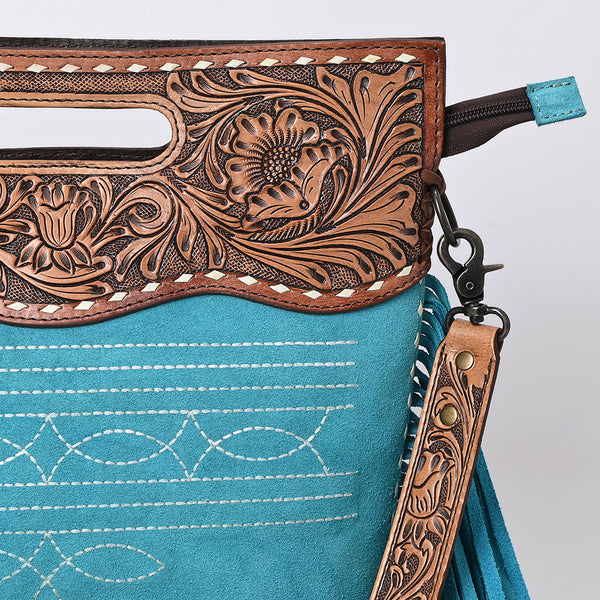 ADBG1584 American Darling Hand-Tooled Western Leather Cross Body Bag with Fringe & Carved Detailing