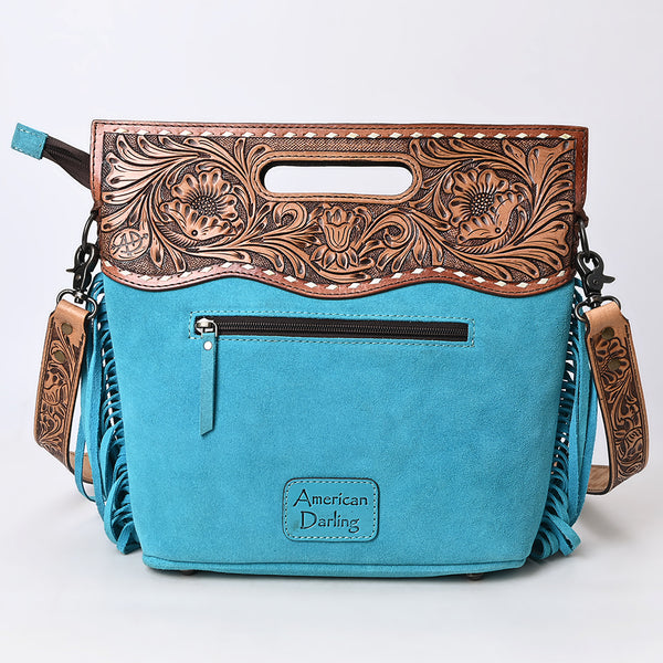 ADBG1584 American Darling Hand-Tooled Western Leather Cross Body Bag with Fringe & Carved Detailing