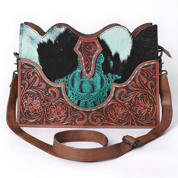 ADBG1586 American Darling Hair-On Cowhide Western Leather Cross Body Bag with Tooled Floral Detailing