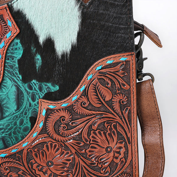 ADBG1586 American Darling Hair-On Cowhide Western Leather Cross Body Bag with Tooled Floral Detailing