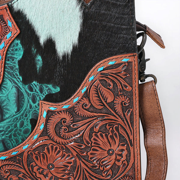 ADBG1586 American Darling Hair-On Cowhide Western Leather Cross Body Bag with Tooled Floral Detailing
