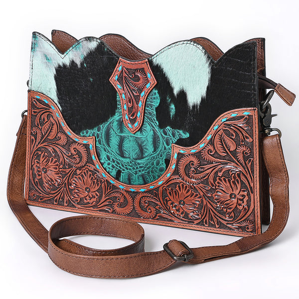 ADBG1586 American Darling Hair-On Cowhide Western Leather Cross Body Bag with Tooled Floral Detailing