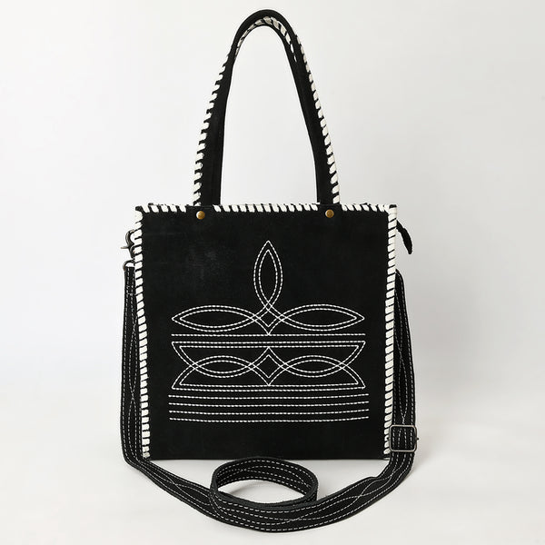 ADBG1590 American Darling Western Genuine Suede Leather Tote Bag with Braided Trim & Detailed Boot Stitching