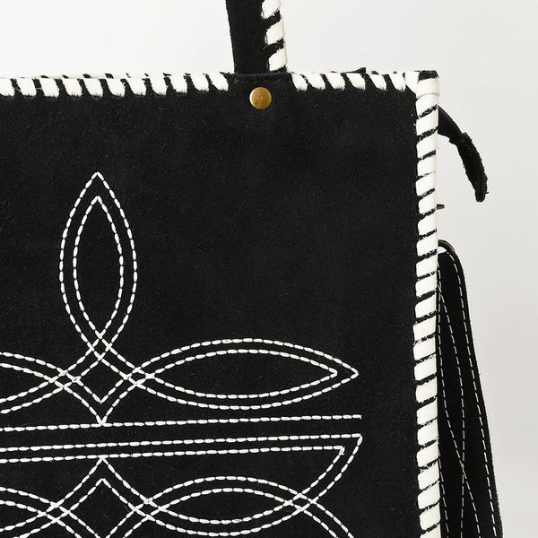 ADBG1590 American Darling Western Genuine Suede Leather Tote Bag with Braided Trim & Detailed Boot Stitching