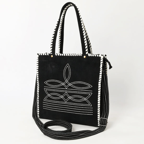 ADBG1590 American Darling Western Genuine Suede Leather Tote Bag with Braided Trim & Detailed Boot Stitching