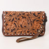 ADBG1591 American Darling Hand-Tooled Leather Wristlet Bag with Floral Carving & Western Buck Stitching