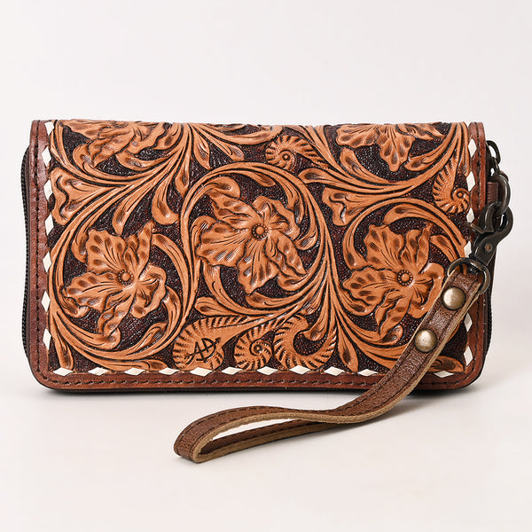 ADBG1591 American Darling Hand-Tooled Leather Wristlet Bag with Floral Carving & Western Buck Stitching