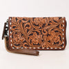 ADBG1591 American Darling Hand-Tooled Leather Wristlet Bag with Floral Carving & Western Buck Stitching