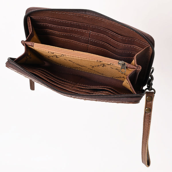ADBG1591 American Darling Hand-Tooled Leather Wristlet Bag with Floral Carving & Western Buck Stitching