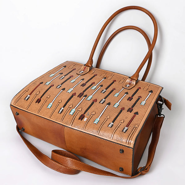 ADBG1595 American Darling Hand-Tooled Leather Tote Bag with Western Arrow Carving & Full-Grain Detailing