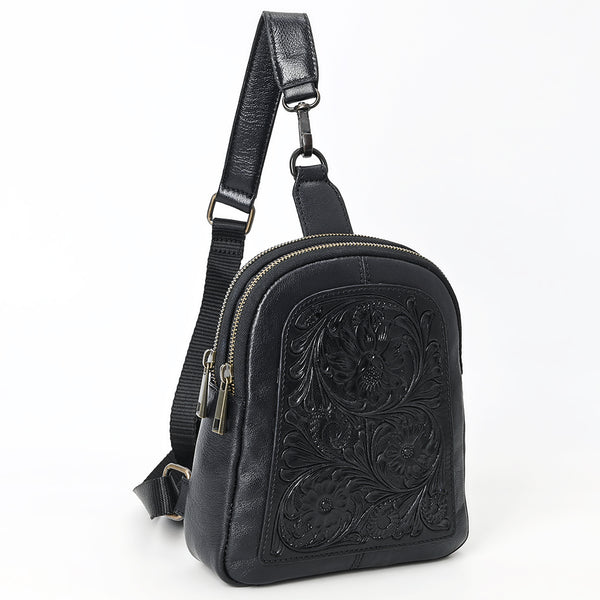 ADBGZ887A Black Hand-Tooled Leather Sling Backpack | American Darling