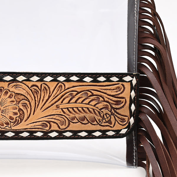 ADBGZ889 Clear Fringe Crossbody with Tooled Leather Trim | American Darling