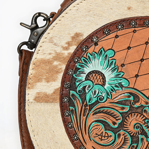 ADBG1600 American Darling Western Genuine Leather Canteen Bag with Hand-Tooled Detailing & Hair-On Accents