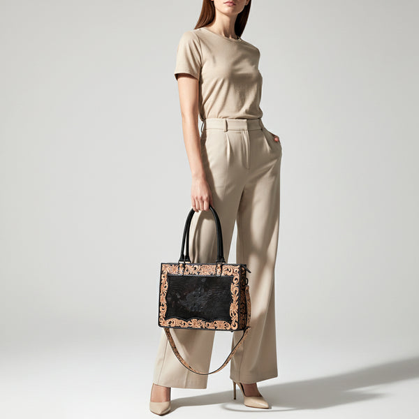 ADBG1605 American Darling Western Genuine Crocodile-Embossed Leather Hand-Tooled Tote Bag with Floral Carving