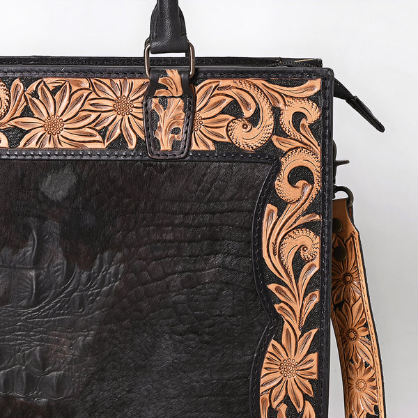 ADBG1605 American Darling Western Genuine Crocodile-Embossed Leather Hand-Tooled Tote Bag with Floral Carving