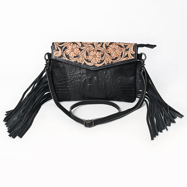 ADBG1606 American Darling Western Genuine Leather Hand-Tooled Crossbody Hand Bag with Fringe Design