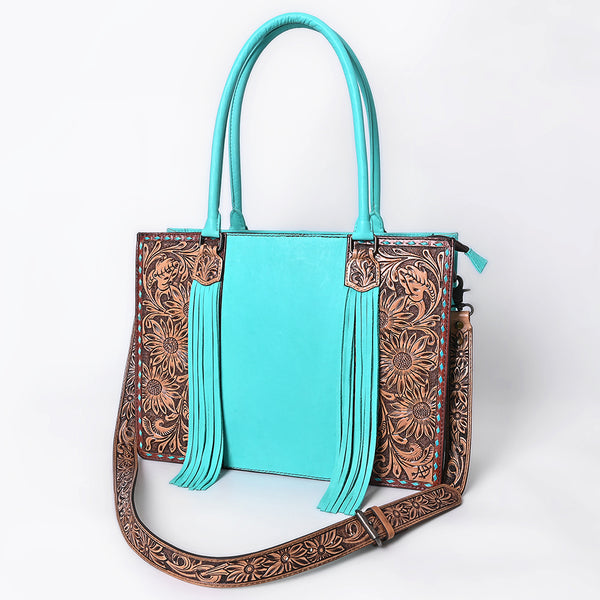 ADBG1607 American Darling Western Genuine Leather Hand-Tooled Tote Bag with Fringe and Buck-Stitched Detailing