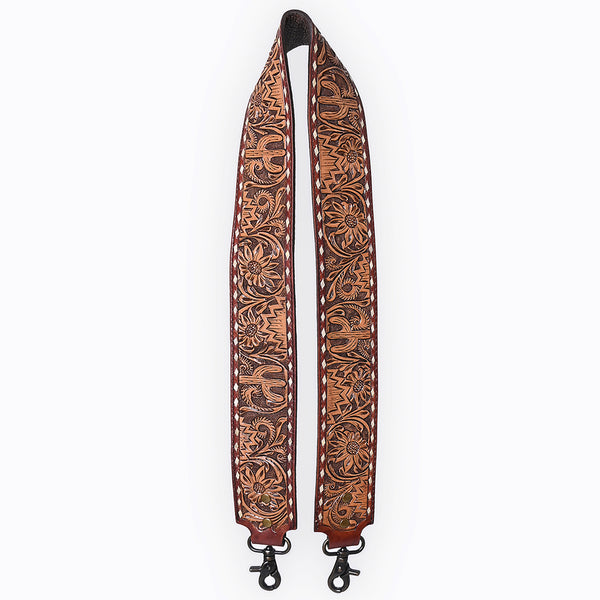 ADBT147 Wide Hand-Tooled Leather Bag Strap with Whipstitch Edges - Western Floral Carved Replacement