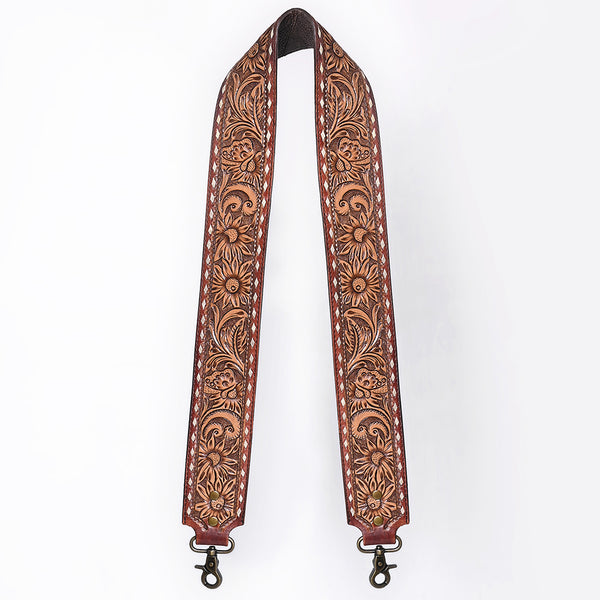 ADBT147 Wide Hand-Tooled Leather Bag Strap with Whipstitch Edges - Western Floral Carved Replacement
