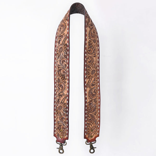 ADBT147 Wide Hand-Tooled Leather Bag Strap with Whipstitch Edges - Western Floral Carved Replacement