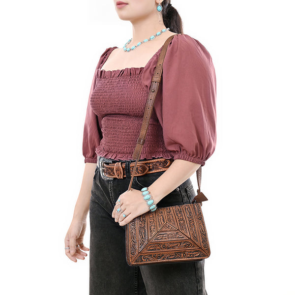 ADBG1609 American Darling Western Genuine Leather Hand-Tooled Small Cross Body Bag with Floral Carving