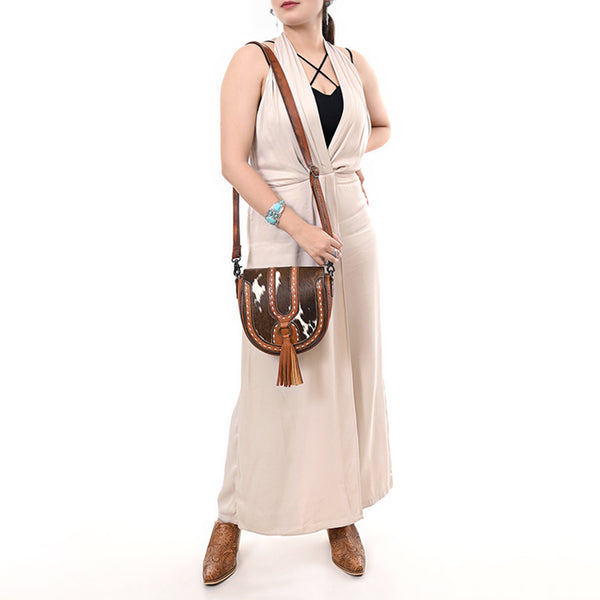 ADBG1610 American Dalring Western Genuine Leather Hair-On Cowhide Cross Body Bag with Tassel Detail