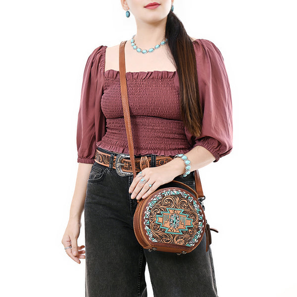 ADBG1611 American Darling Western Genuine Leather Hand-Tooled Canteen Bag with Buck-Stitched Detailing