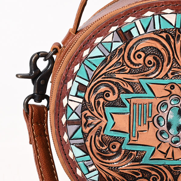 ADBG1611 American Darling Western Genuine Leather Hand-Tooled Canteen Bag with Buck-Stitched Detailing