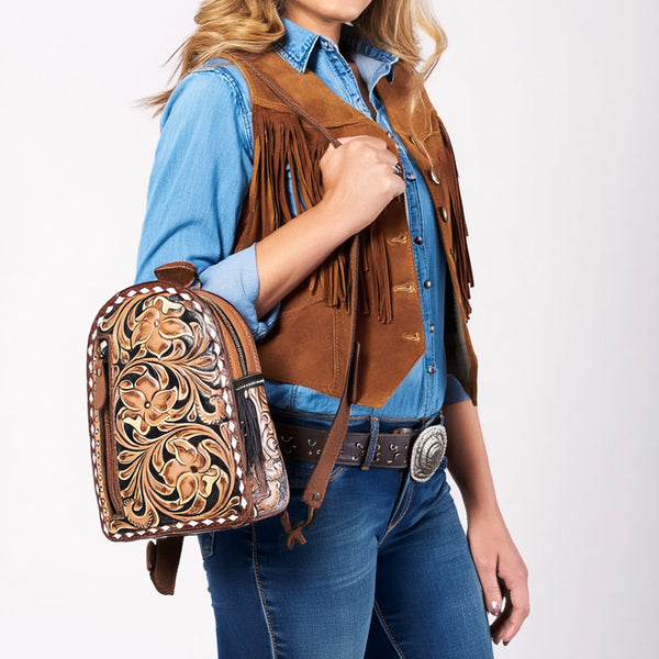 ADBGA651 American Darling Tooled Leather Sling with Cowhide Inlay & White Lacing Trim